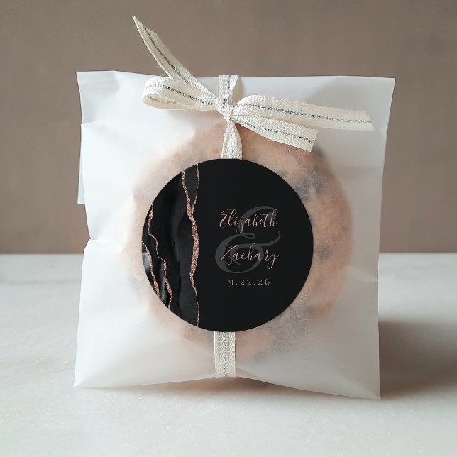 Agate Geode Script Black Rose Gold Dark Wedding Classic Round Sticker (Creator Uploaded)
