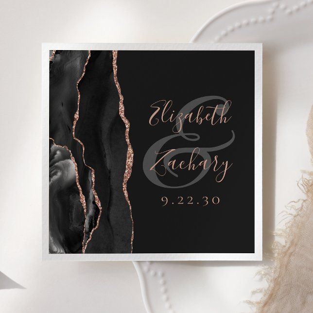 Agate Geode Script Black Rose Gold Dark Wedding Napkins (Creator Uploaded)