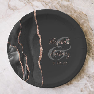 Agate Geode Script Black Rose Gold Dark Wedding Paper Plates