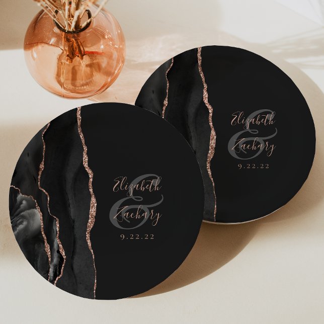 Agate Geode Script Black Rose Gold Dark Wedding Paper Plates (Creator Uploaded)