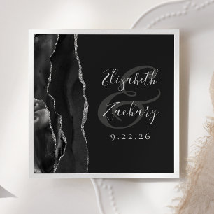 Agate Geode Script Black Silver Dark Wedding Napkins