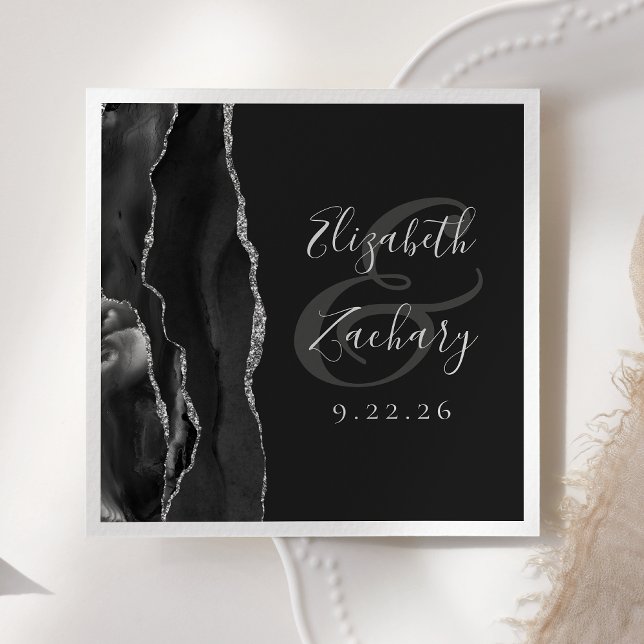 Agate Geode Script Black Silver Dark Wedding Napkins (Creator Uploaded)
