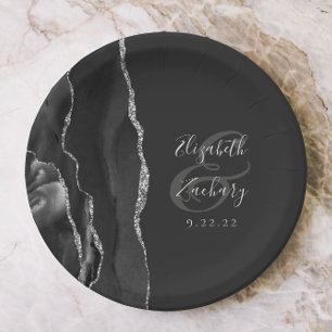 Agate Geode Script Black Silver Dark Wedding Paper Plates