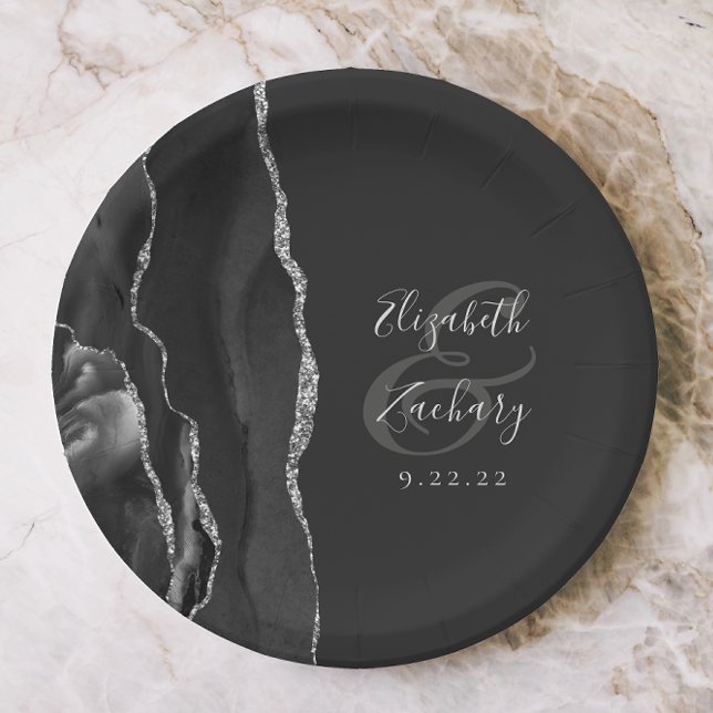 Agate Geode Script Black Silver Dark Wedding Paper Plates (Creator Uploaded)