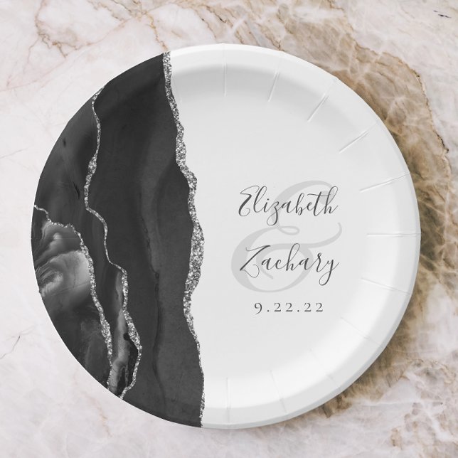 Agate Geode Script Black Silver Wedding Paper Plates (Creator Uploaded)
