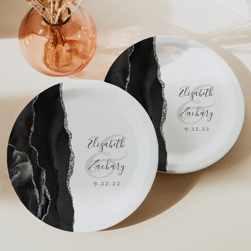 Agate Geode Script Black Silver Wedding Paper Plates