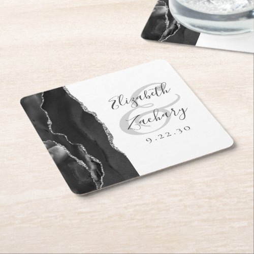 Agate Geode Script Black Silver Wedding Square Paper Coaster