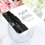 Agate Geode Script Black Silver Wedding Square Paper Coaster<br><div class="desc">This elegant modern wedding coaster features a black watercolor agate geode design trimmed with faux silver glitter. Easily customize the charcoal gray text on a white background,  with the names of the bride and groom in handwriting calligraphy over a large,  light gray ampersand.</div>