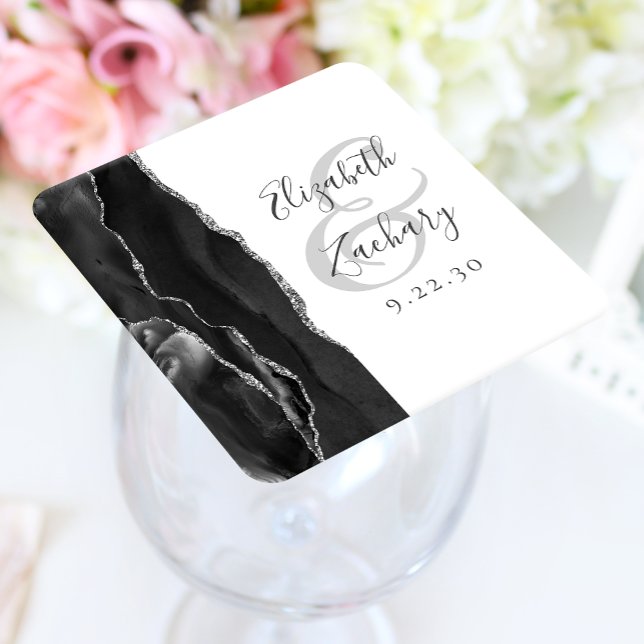 Agate Geode Script Black Silver Wedding Square Paper Coaster (Creator Uploaded)