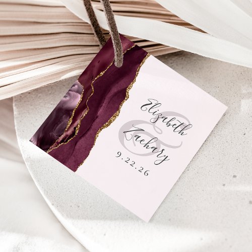 Agate Geode Script Burgundy Gold Blush Wedding Favor Tags