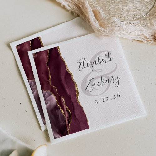 Agate Geode Script Burgundy Gold Blush Wedding Napkins