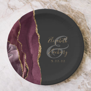 Agate Geode Script Burgundy Gold Dark Paper Plates