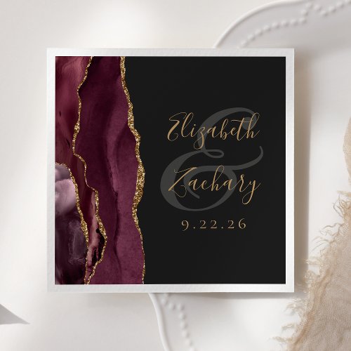 Agate Geode Script Burgundy Gold Dark Wedding Napkins