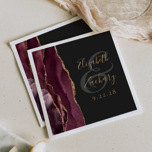 Agate Geode Script Burgundy Gold Dark Wedding Napkins