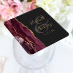 Agate Geode Script Burgundy Gold Dark Wedding Square Paper Coaster<br><div class="desc">This elegant modern wedding coaster features a burgundy watercolor agate geode design trimmed with faux gold glitter. Easily customize the gold colored text on a charcoal gray background,  with the names of the bride and groom in handwriting calligraphy over a large,  medium gray ampersand.</div>