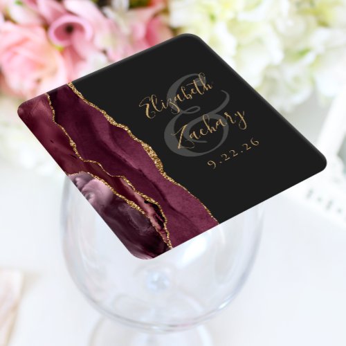 Agate Geode Script Burgundy Gold Dark Wedding Square Paper Coaster
