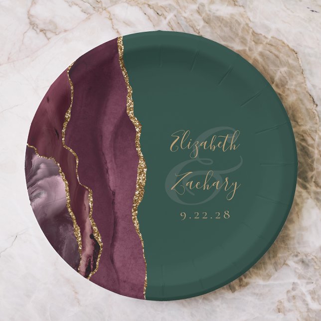 Agate Geode Script Burgundy Gold Green Paper Plates (Creator Uploaded)