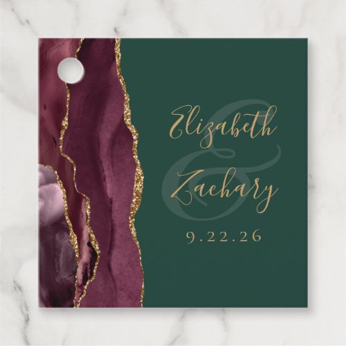 Agate Geode Script Burgundy Gold Green Wedding Favor Tags