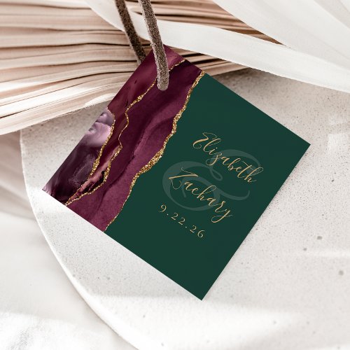 Agate Geode Script Burgundy Gold Green Wedding Favor Tags