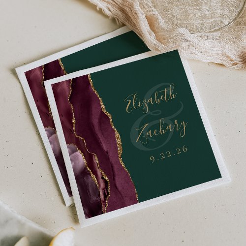 Agate Geode Script Burgundy Gold Green Wedding Napkins