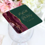 Agate Geode Script Burgundy Gold Green Wedding Square Paper Coaster<br><div class="desc">This elegant modern wedding coaster features a burgundy watercolor agate geode design trimmed with faux gold glitter. Easily customize the gold-colored text on an emerald green background,  with the names of the bride and groom in handwriting calligraphy over a large ampersand.</div>