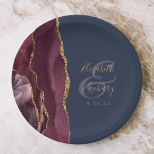 Agate Geode Script Burgundy Gold Navy Blue Paper Plates