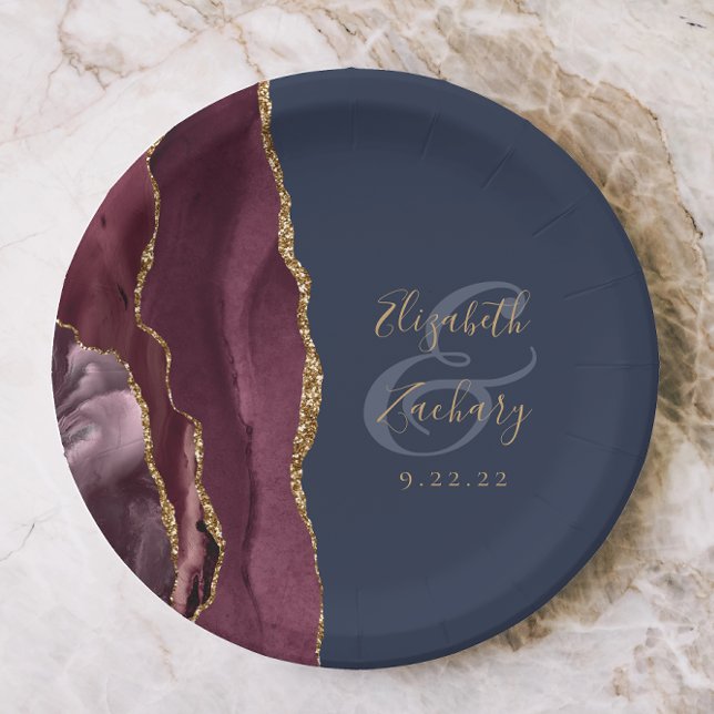 Agate Geode Script Burgundy Gold Navy Blue Paper Plates (Creator Uploaded)
