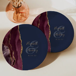 Agate Geode Script Burgundy Gold Navy Blue Paper Plates