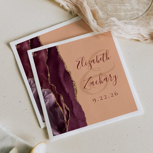 Agate Geode Script Burgundy Gold Peach Wedding Napkins