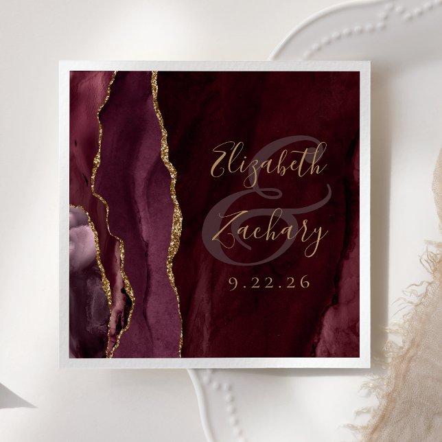 Agate Geode Script Burgundy Gold Wedding Napkins (Creator Uploaded)