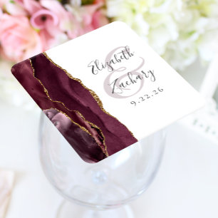 Agate Geode Script Burgundy Gold Wedding Square Paper Coaster