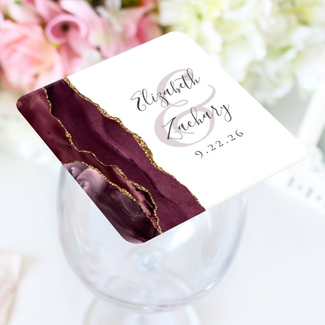Agate Geode Script Burgundy Gold Wedding Square Paper Coaster (Creator Uploaded)