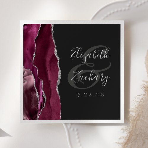 Agate Geode Script Burgundy Silver Dark Wedding Napkins