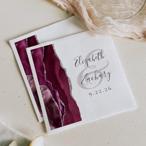 Agate Geode Script Burgundy Silver Wedding Napkins