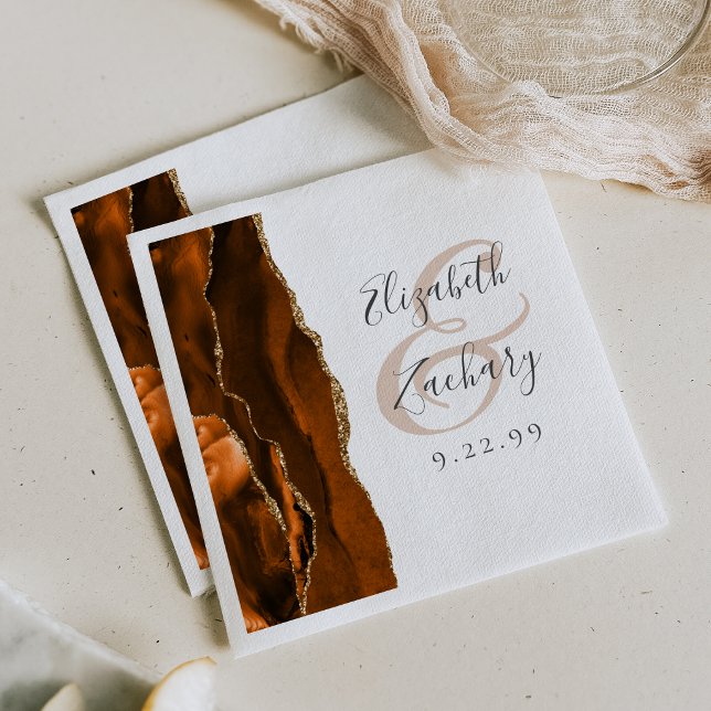 Agate Geode Script Burnt Orange Gold Wedding Napkins (Creator Uploaded)
