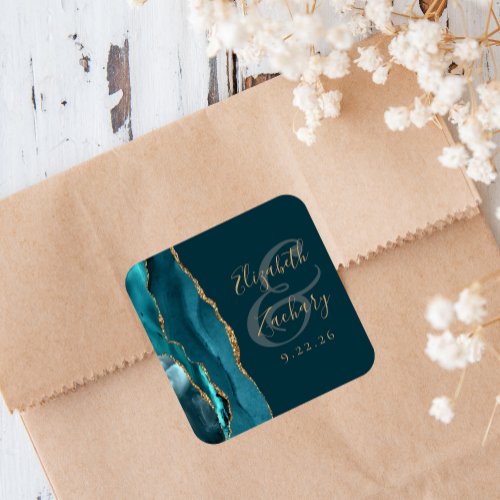 Agate Geode Script Dark Teal Blue Gold Wedding Square Sticker