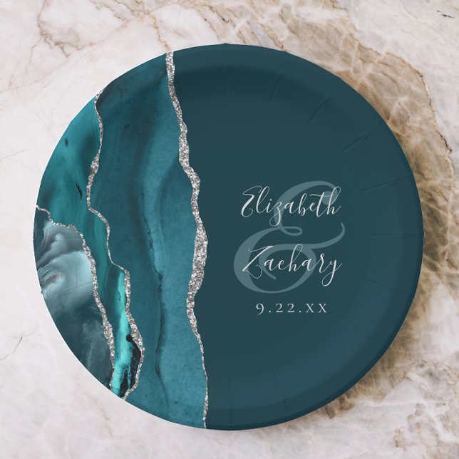 Agate Geode Script Dark Teal Silver Wedding Paper Plates (Creator Uploaded)