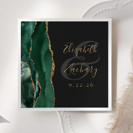 Agate Geode Script Emerald Green Gold Dark Wedding Napkins
