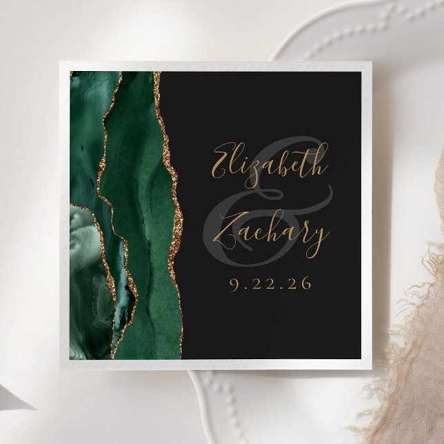 Agate Geode Script Emerald Green Gold Dark Wedding Napkins (Creator Uploaded)