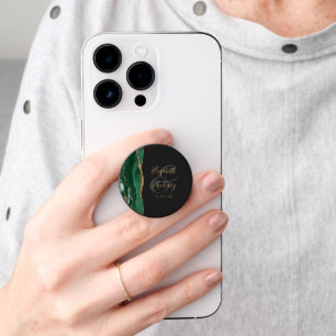 Agate Geode Script Emerald Green Gold Dark Wedding PopSocket