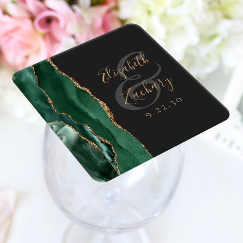 Agate Geode Script Emerald Green Gold Dark Wedding Square Paper Coaster