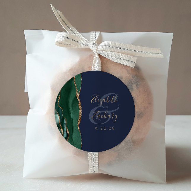 Agate Geode Script Emerald Green Gold Navy Wedding Classic Round Sticker (Creator Uploaded)