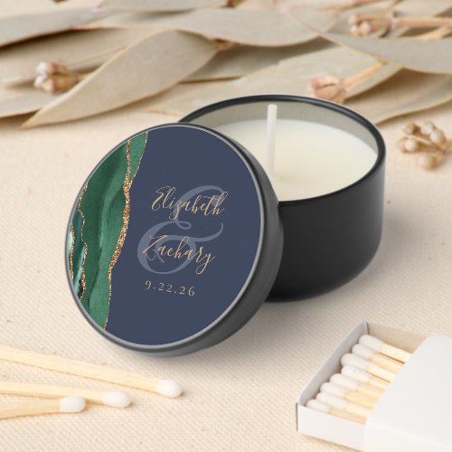 Agate Geode Script Emerald Green Gold Navy Wedding Mini Candle Favors