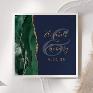 Agate Geode Script Emerald Green Gold Navy Wedding Napkins