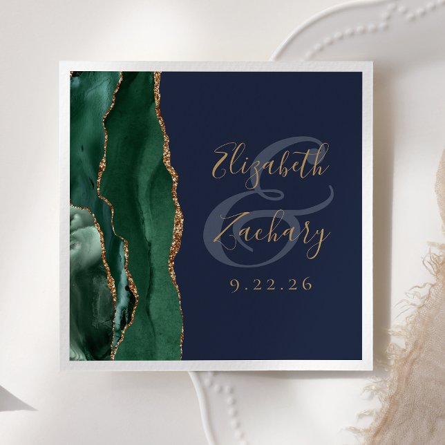 Agate Geode Script Emerald Green Gold Navy Wedding Napkins (Creator Uploaded)