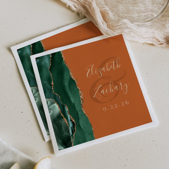 Agate Geode Script Emerald Green Gold Rust Wedding Napkins (Creator Uploaded)