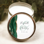 Agate Geode Script Emerald Green Gold Wedding Classic Round Sticker<br><div class="desc">This elegant modern wedding sticker features an emerald green watercolor agate geode design trimmed with faux gold glitter. Easily customize the charcoal gray text on a white background,  with the names of the bride and groom in handwriting calligraphy over a large green ampersand.</div>