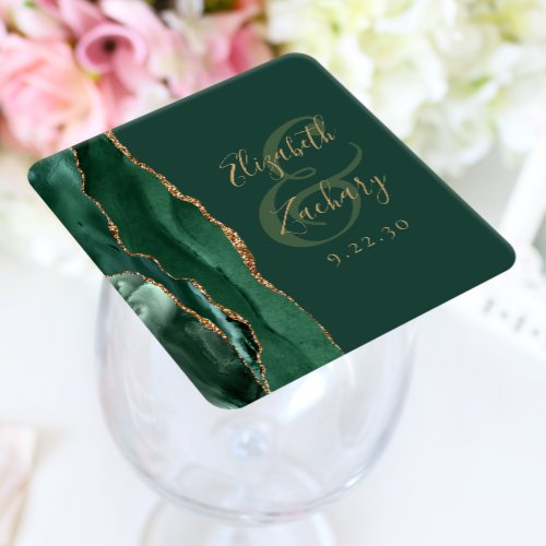 Agate Geode Script Emerald Green Gold Wedding Square Paper Coaster