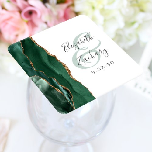 Agate Geode Script Emerald Green Gold Wedding Square Paper Coaster