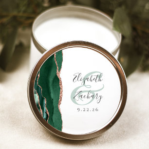 Agate Geode Script Emerald Green Rose Gold Wedding Classic Round Sticker